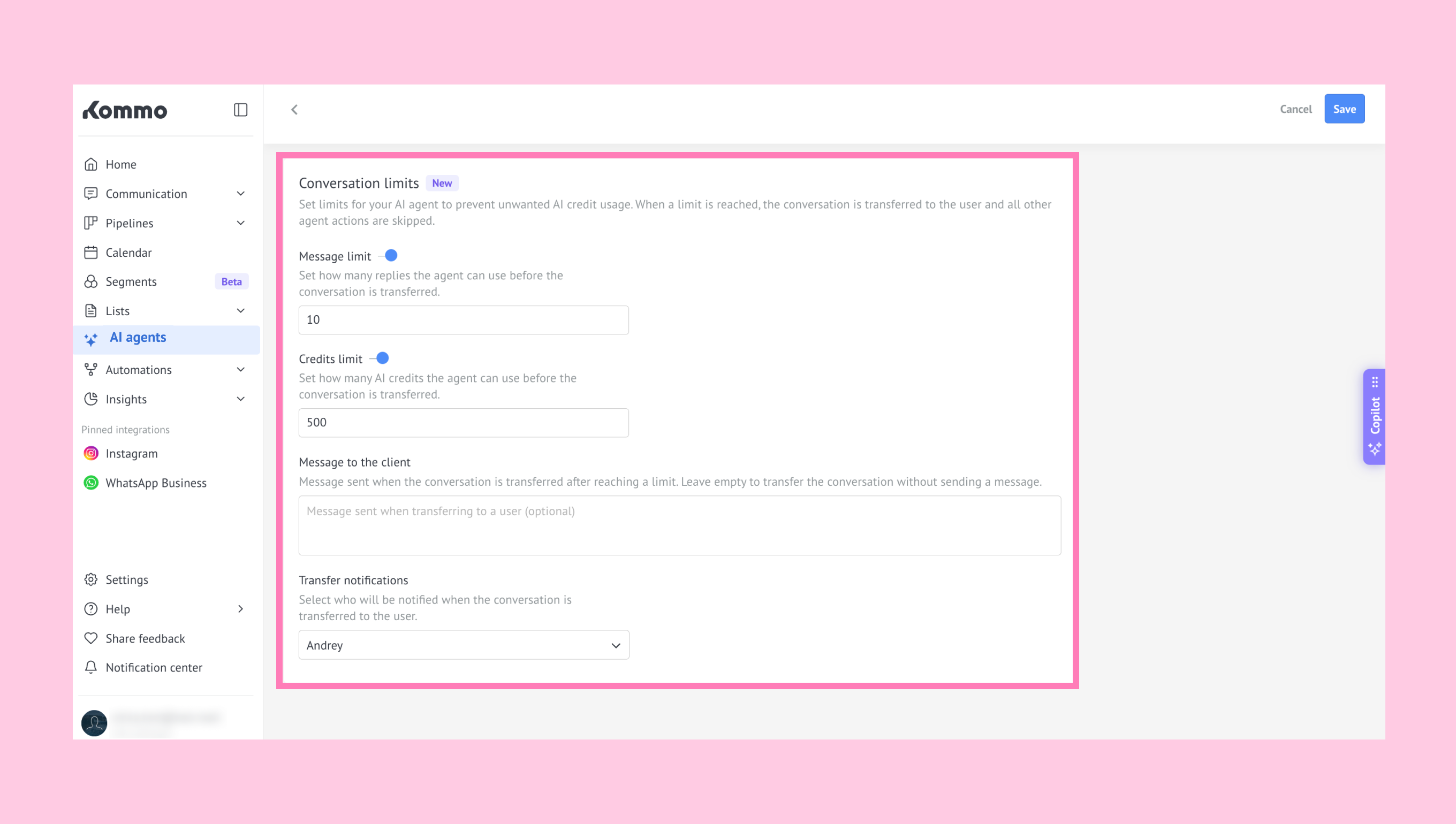 AI agent setup displaying the transfer notification settings for conversation limits.